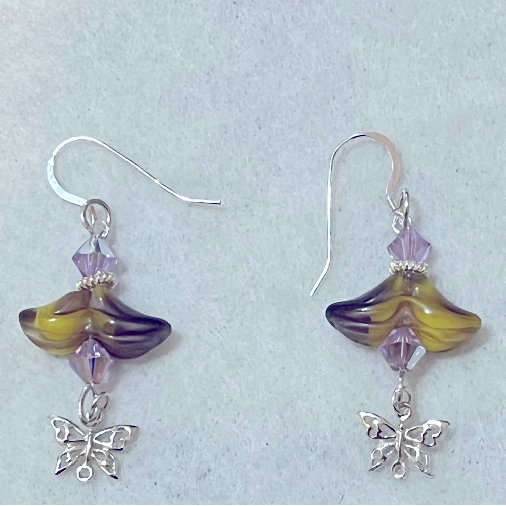 Elegant Purple/Yellow Earrings w/925 Sterling Silver Butterfly Charm & Accents.